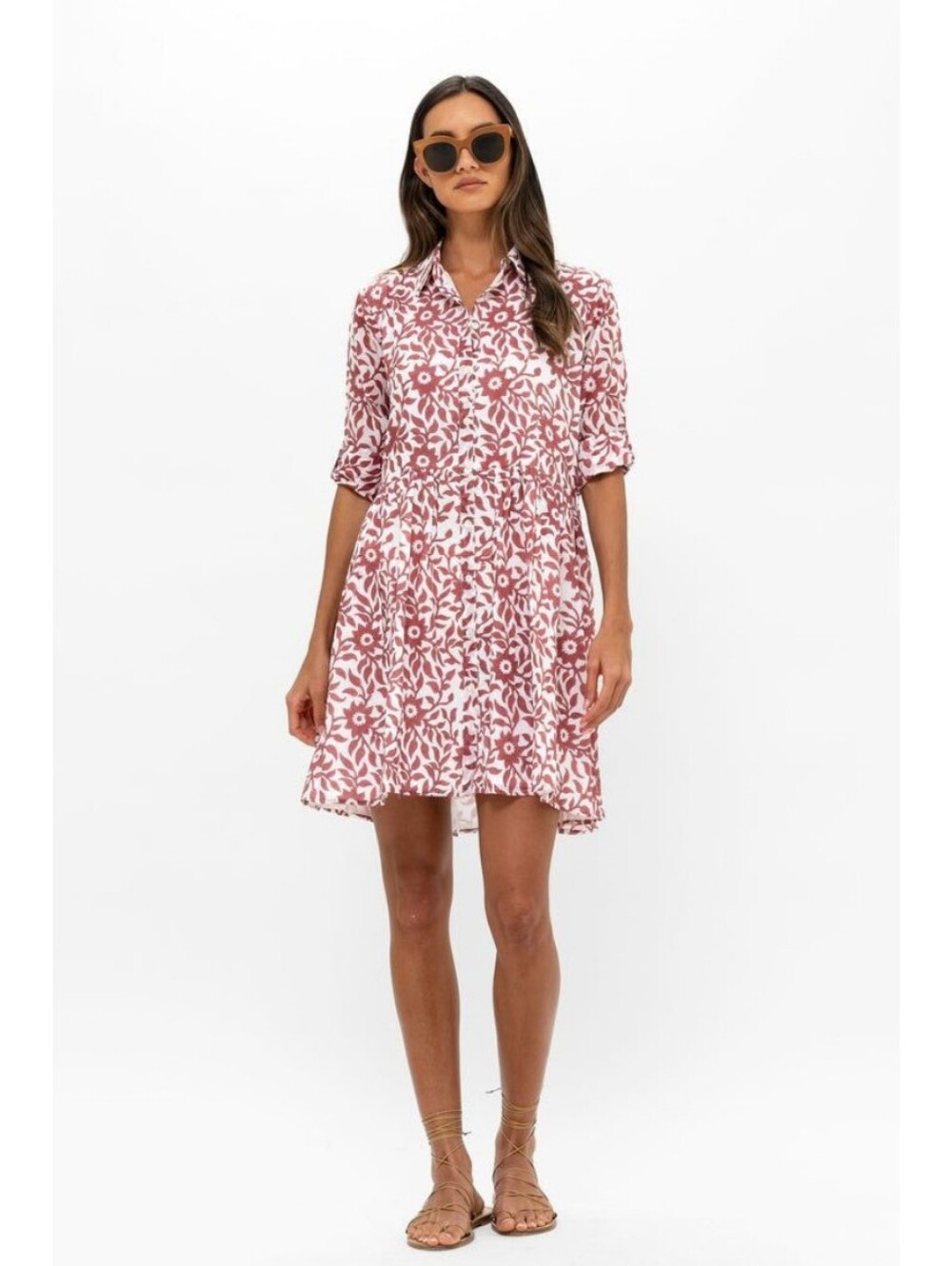 Oliphant Jakarta Print Brown / Pink Long Sleeve Mini Shirt Dress Size Small